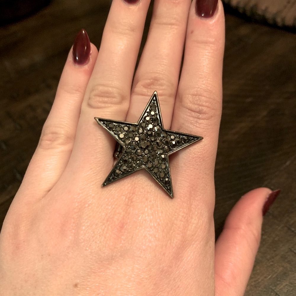 💚2 for $5 Gunmetal Grey Silver Rhinestone Star Ring Gothic Punk
